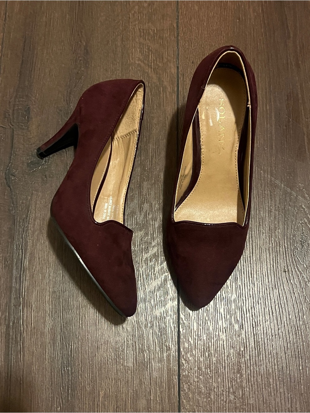 Solanz Burgundy Pointed Toe Suede Heels
